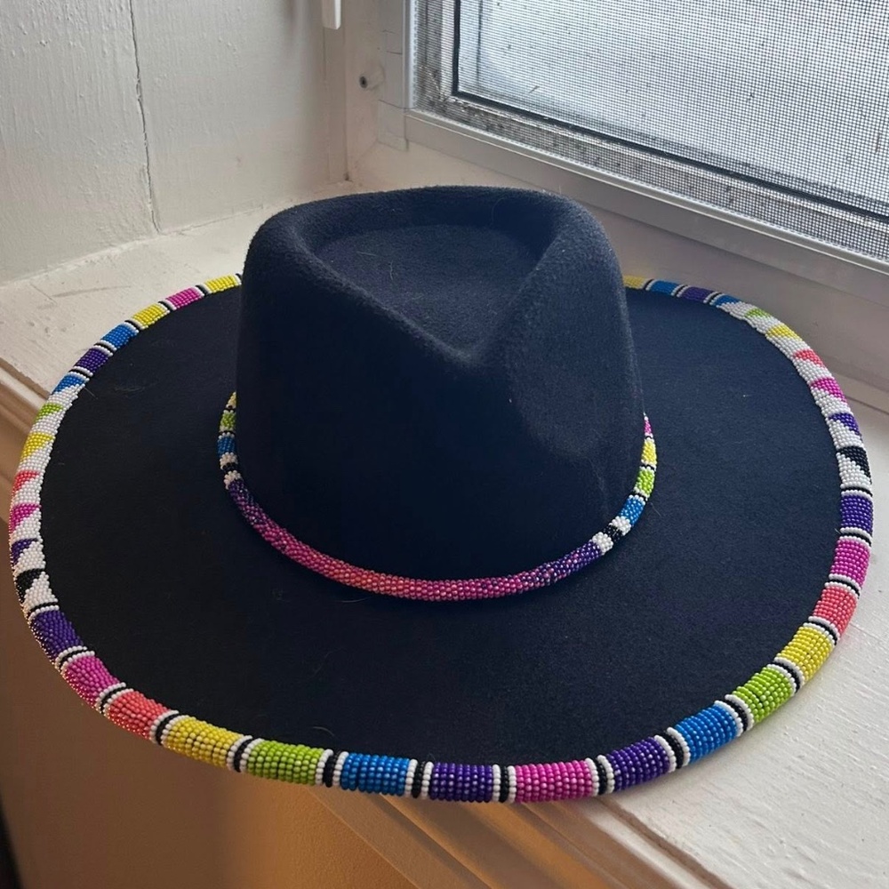 Handbeaded Colorful Black Wide Brim Childrens Hat
